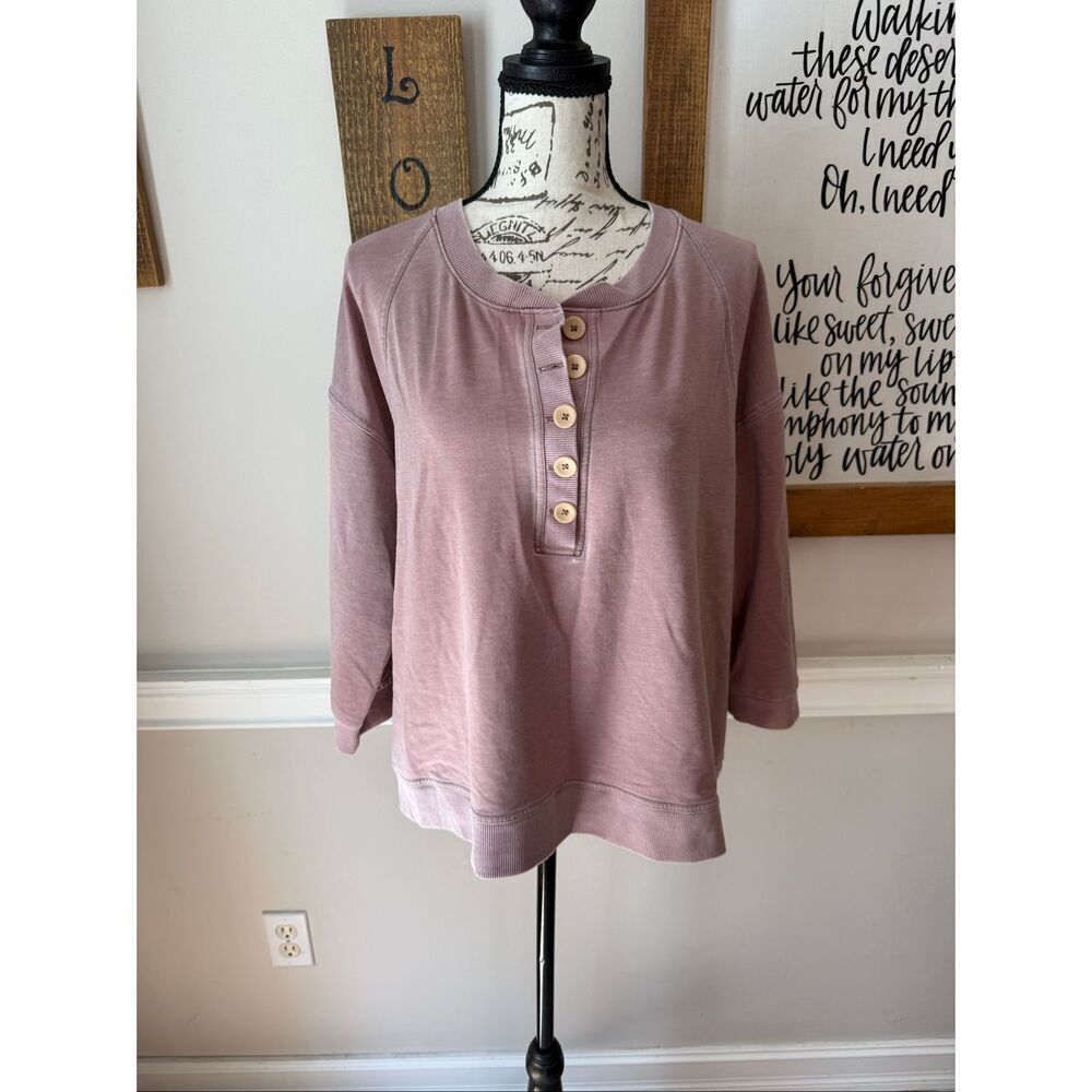 Any Body Women's Henley Neck French Terry Pullover Sweatshirt Mauve Pink Medium